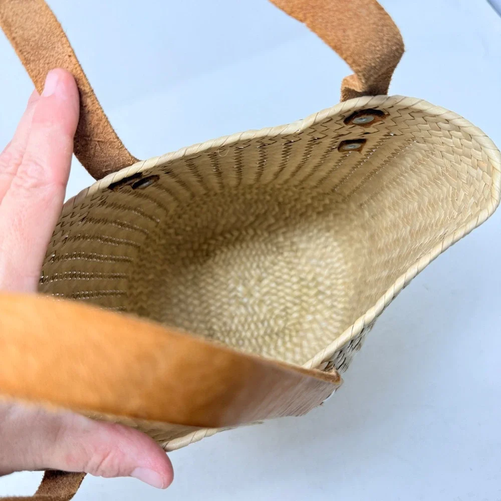 Unbranded Woven Straw Tote Bag Tan Small Beach Summer Boho Basket Leather Handle